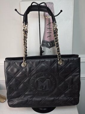 Metro City Black Quilted Leather Tote with Gold Chain Handles